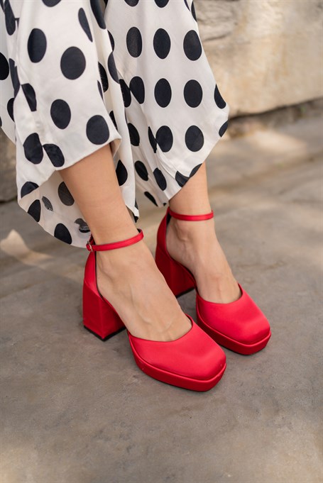Yixy Kırmızı Saten   Platform   Topuklu Ayakkabı