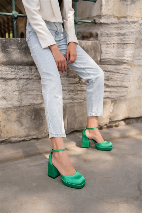 Yixy Yeşil Saten   Platform   Topuklu Ayakkabı
